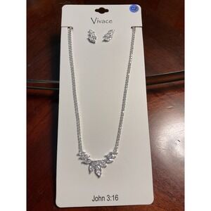 Vivace CZ Crystal Leaf Necklace Earrings Set Silver Tone Bridal Wedding